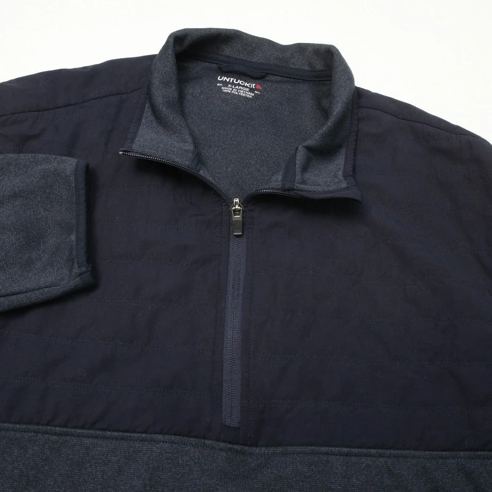 UNTUCKit Tyrus Quarter Zip Pullover Mens XL Navy Quilted Mixed Media 41306